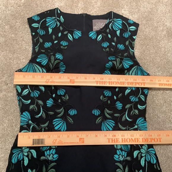 Lela Rose Vine Embroidered Sheath Dress in Navy Blue with Teal, Size 6 - Picture 7 of 14